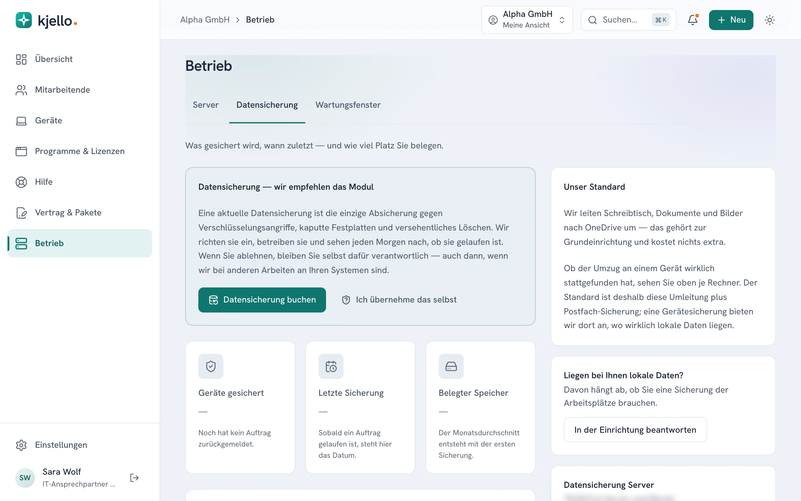 Betrieb, Reiter Datensicherung, mit dem Stand der letzten Sicherungen