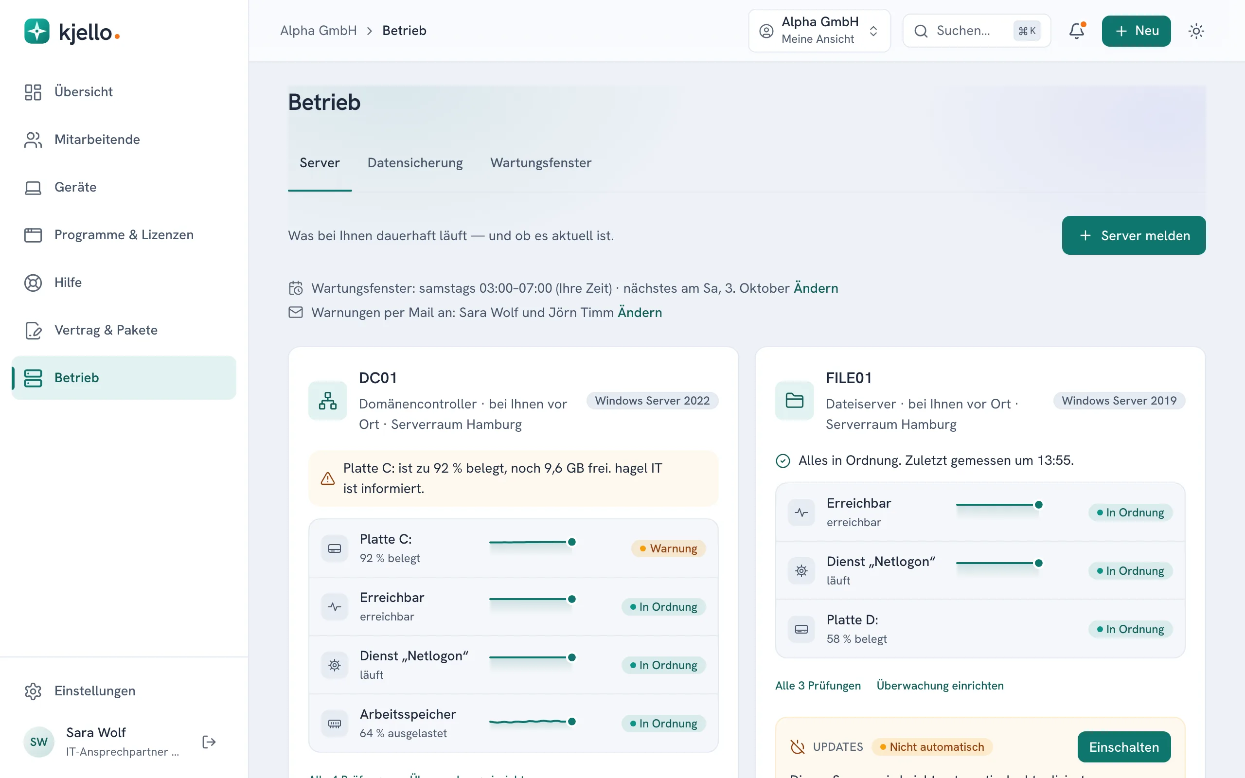 Betrieb, Reiter Server, mit jedem Server und seinem Update-Stand