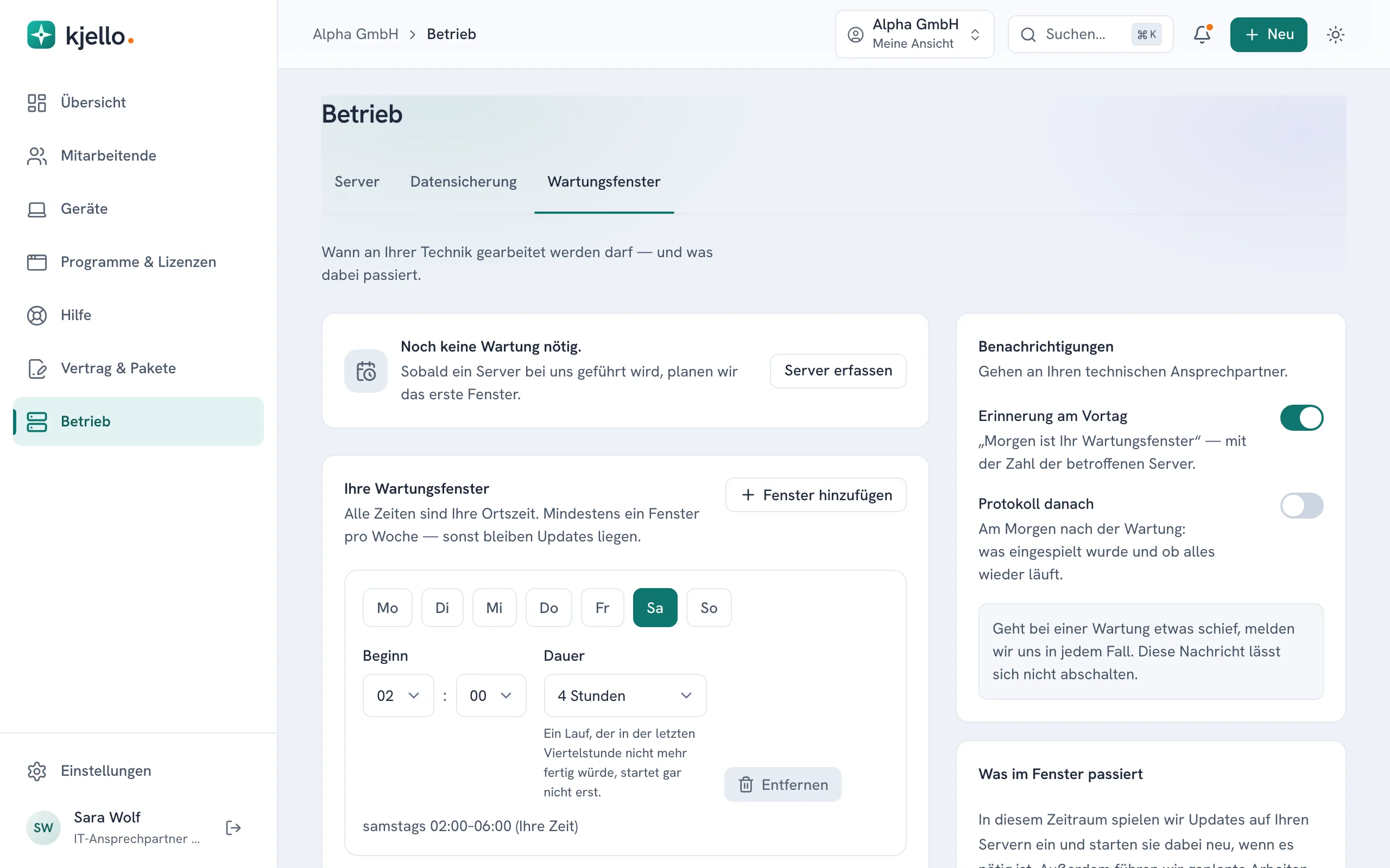 Betrieb, Reiter Wartungsfenster, mit Tag, Uhrzeit und Reihenfolge der Server