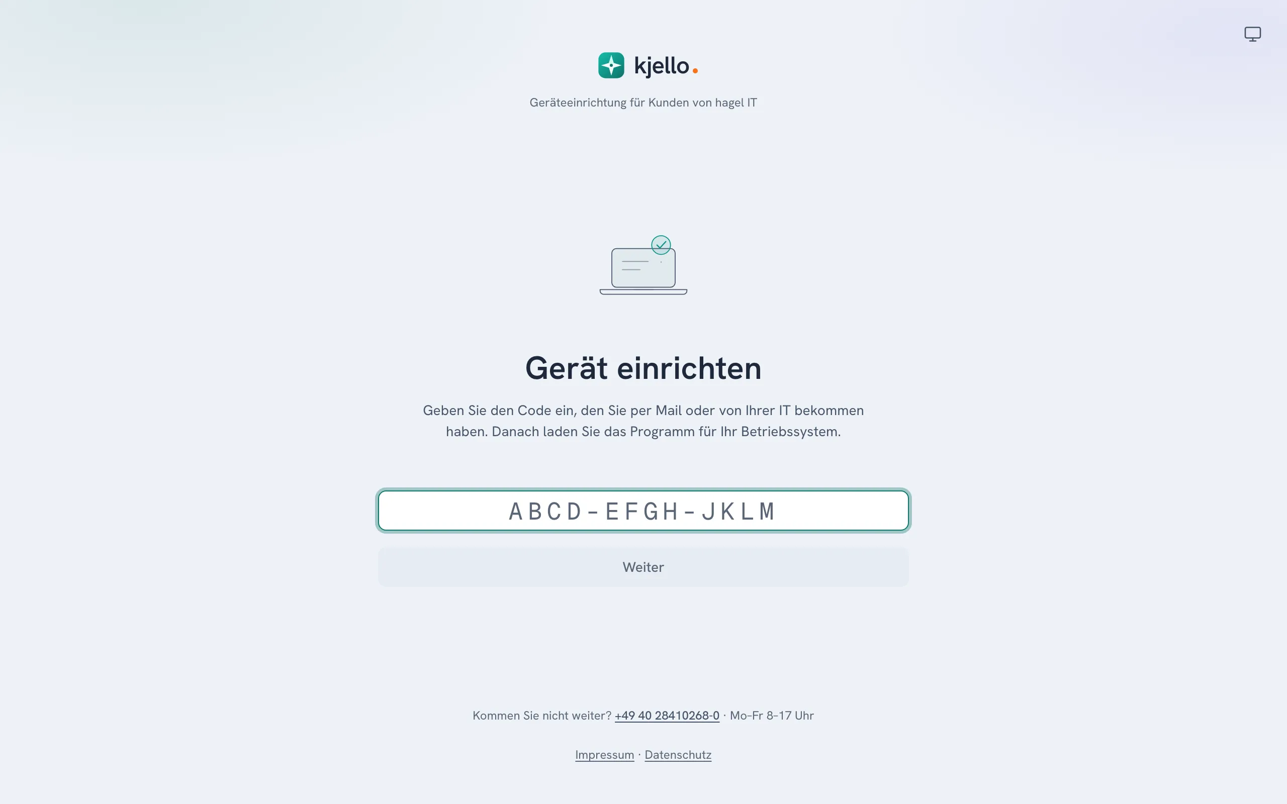 Seite „Gerät einrichten“ mit dem Eingabefeld für den Code