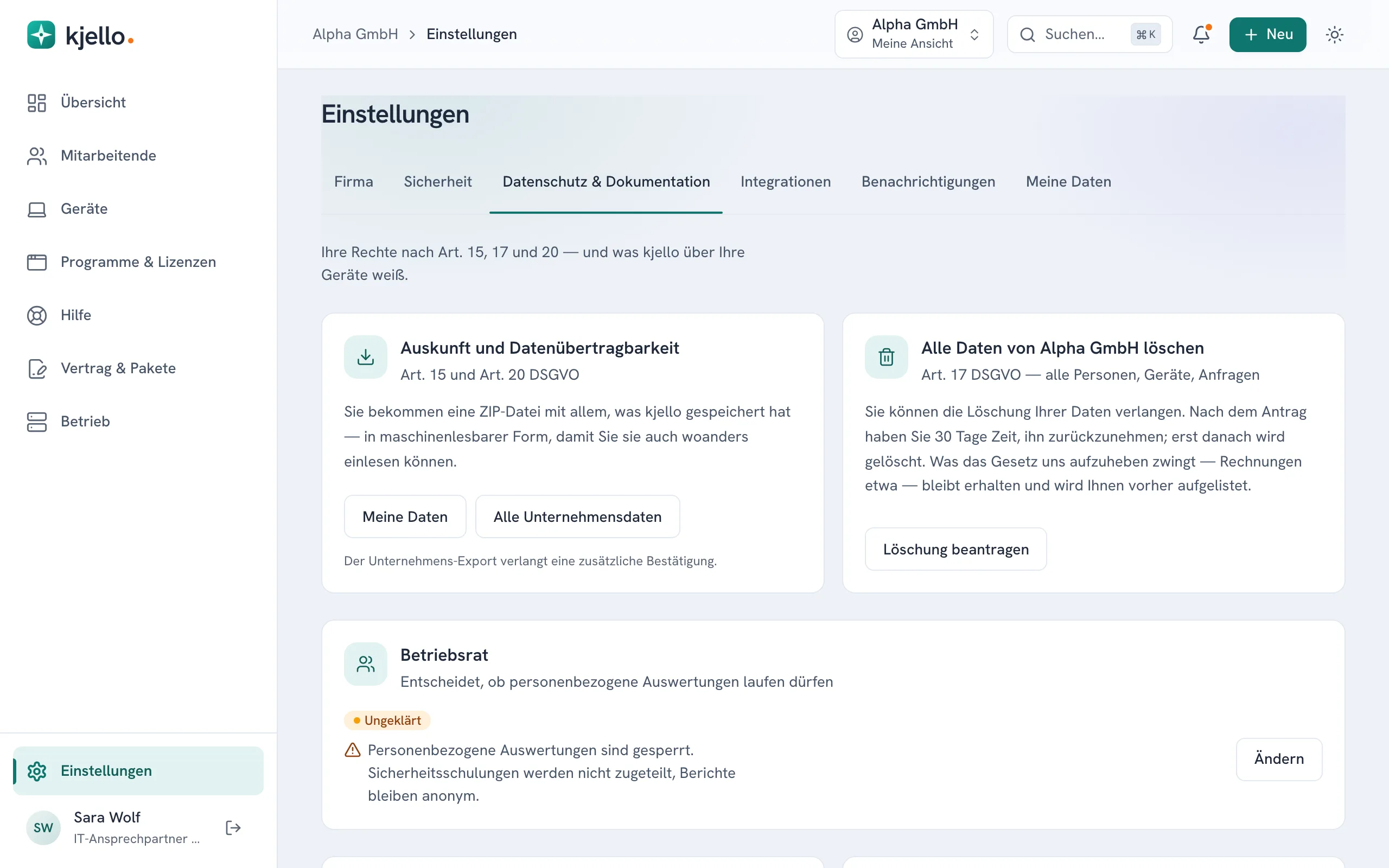 Einstellungen, Reiter Datenschutz & Dokumentation: Auskunft und Datenübertragbarkeit links, Löschung beantragen rechts