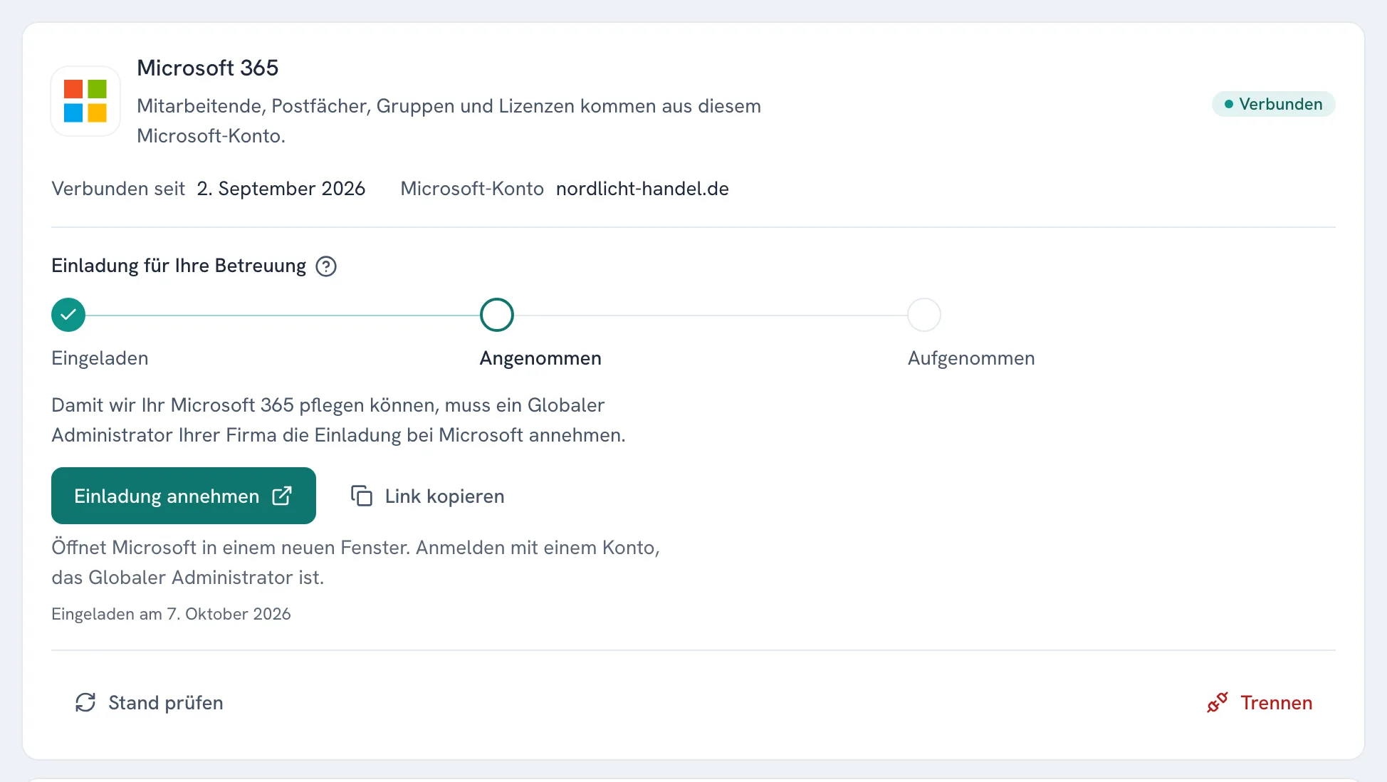 Einstellungen, Reiter Integrationen, mit der Karte Microsoft 365