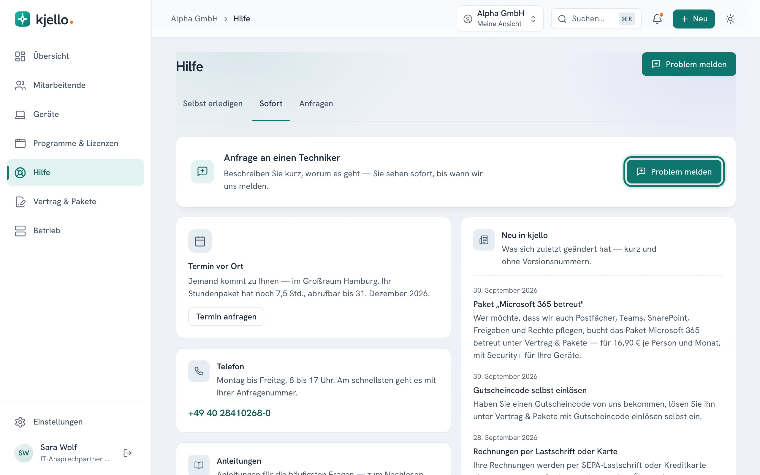 Hilfe, Reiter Sofort: Anfrage an einen Techniker mit dem Knopf Problem melden, darunter Termin vor Ort und Telefon