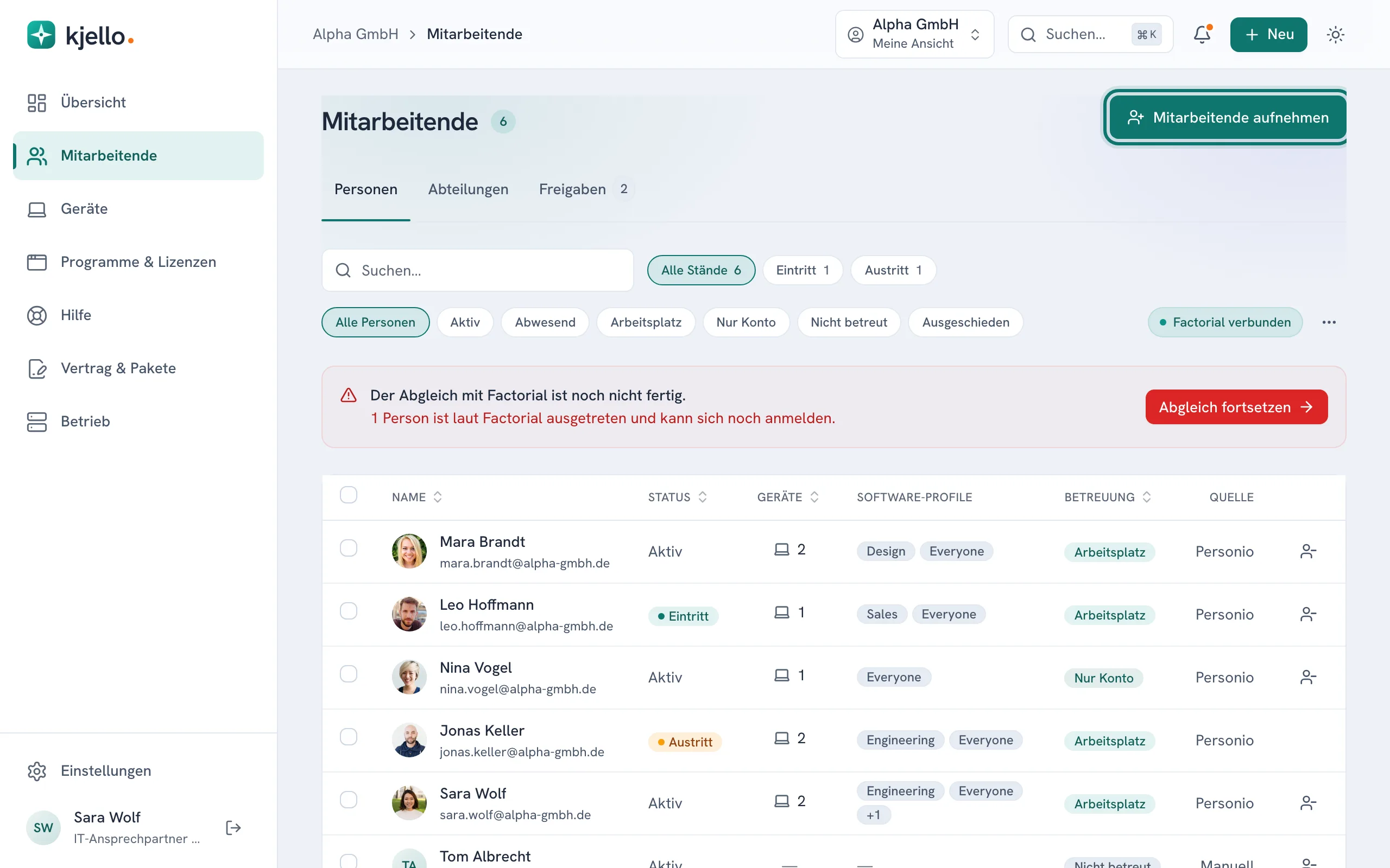 Mitarbeitende im kjello-Portal mit Status, Geräten, Software-Profilen und Betreuung je Person; oben der Knopf Mitarbeitende aufnehmen