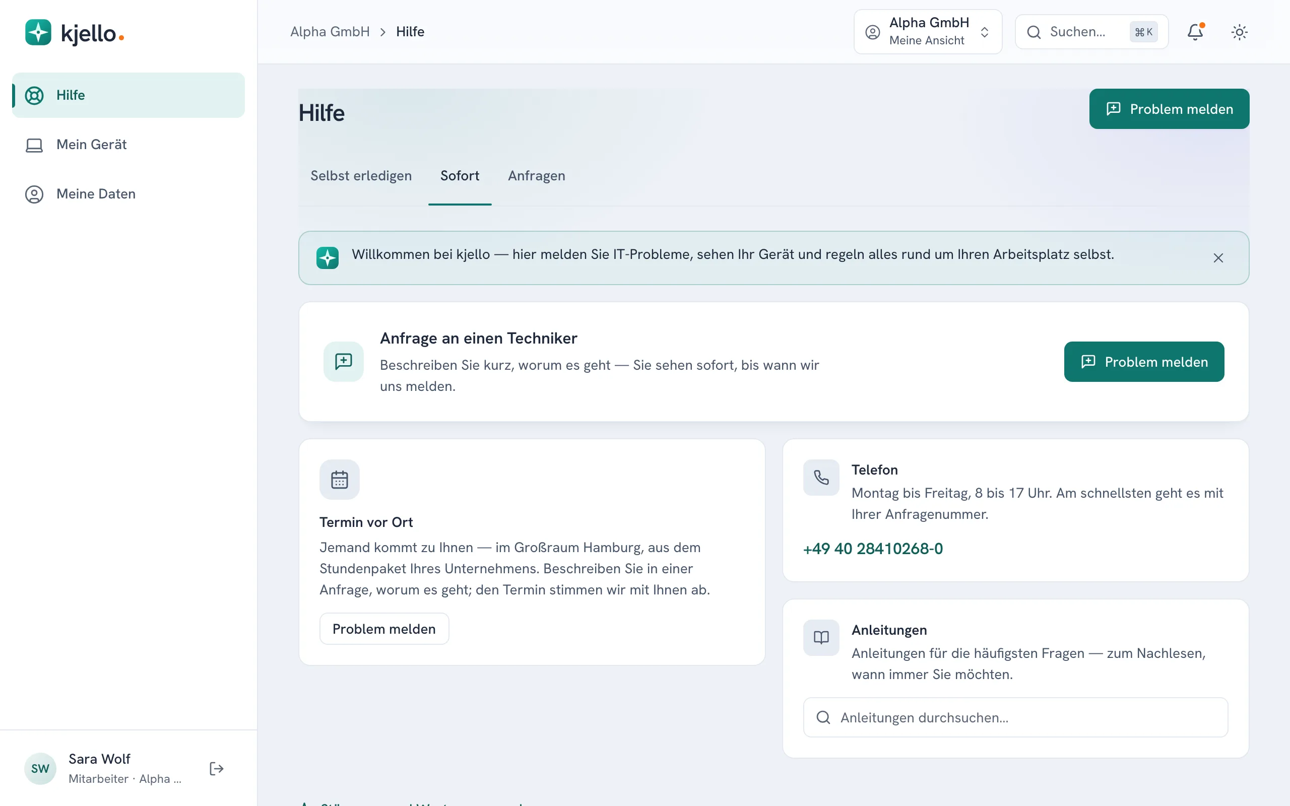 Portal aus Sicht eines Mitarbeiters: links nur Hilfe, Mein Gerät und Meine Daten