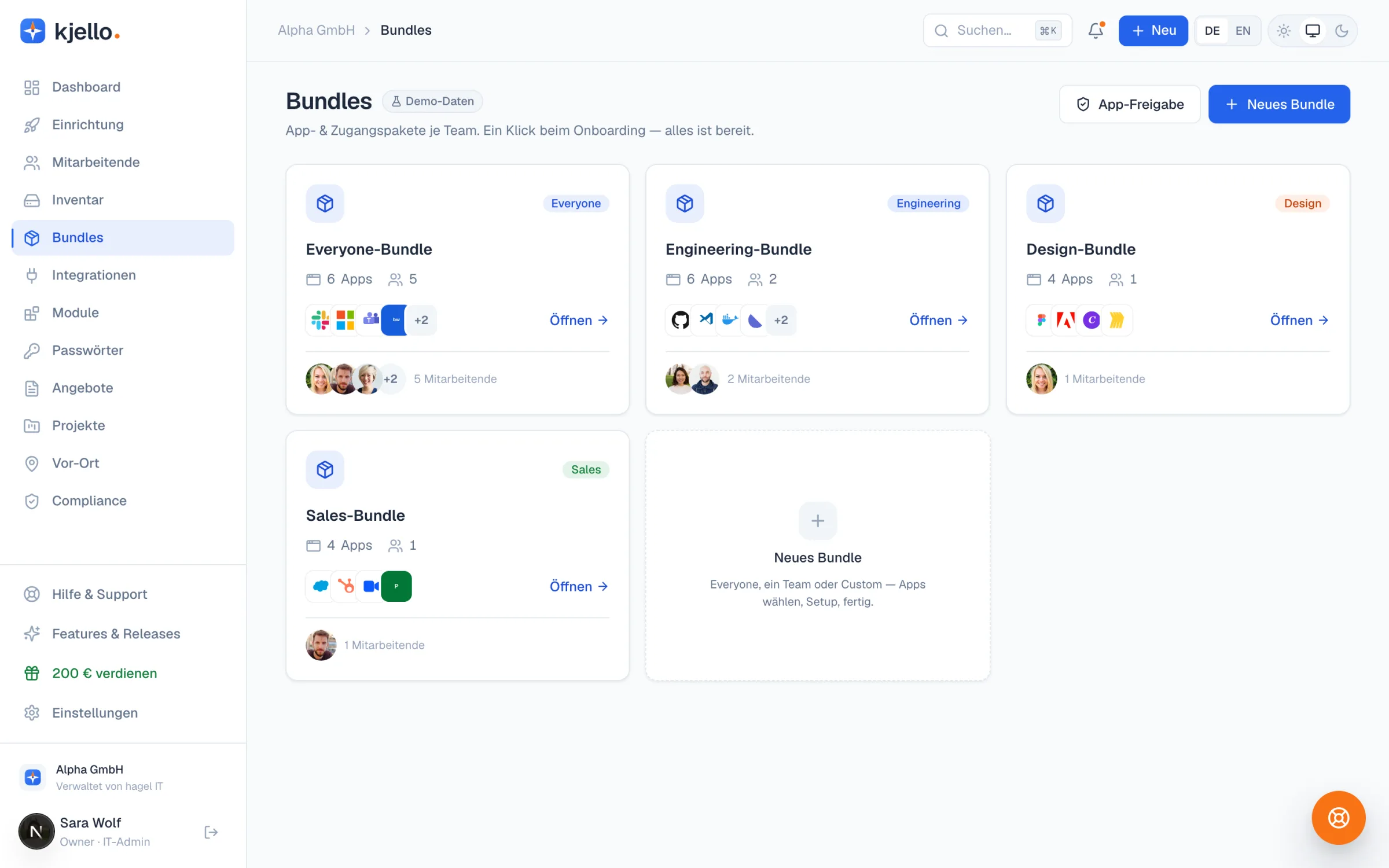 App-Bundles im kjello-Portal als Karten mit App-Symbolen und Zielgruppen