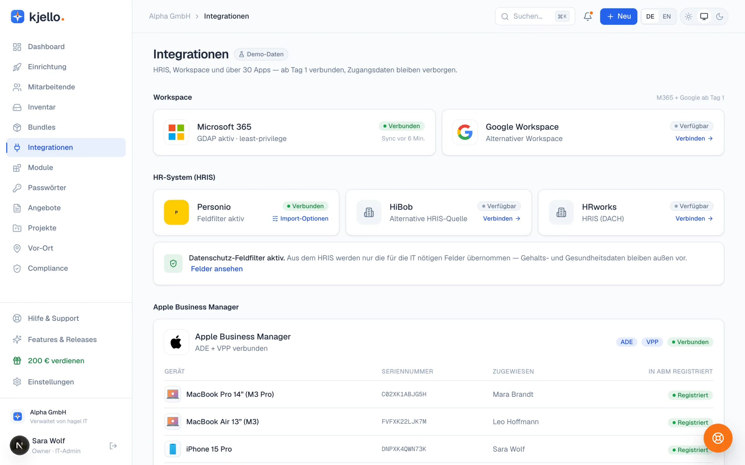 Integrationen-Seite im kjello-Portal mit Microsoft 365, Google Workspace und Apple Business Manager