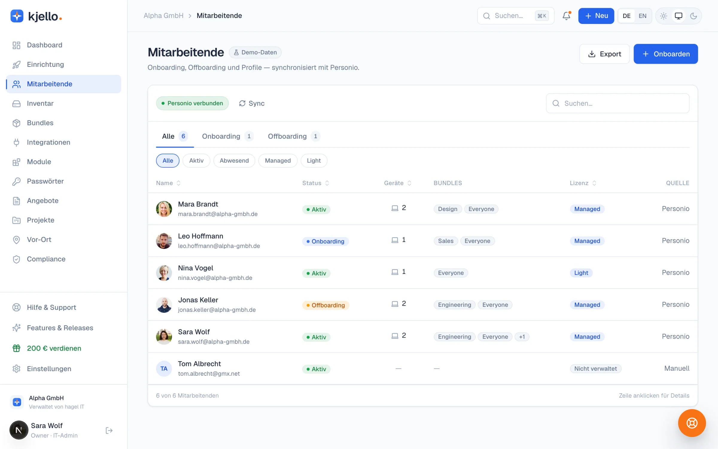 Mitarbeitenden-Übersicht im kjello-Portal mit Rollen, Bundles und HR-Synchronisierung
