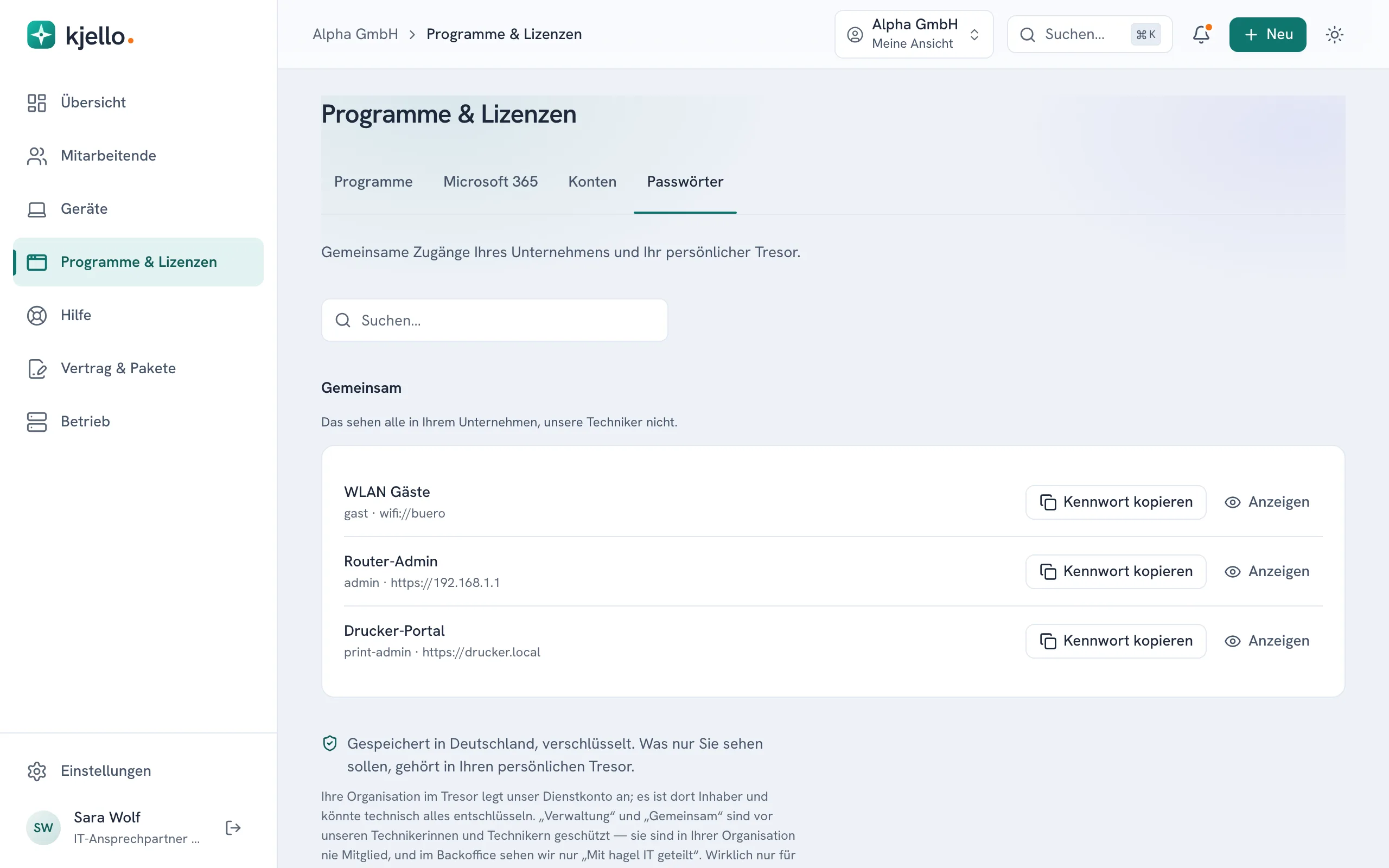Programme & Lizenzen, Reiter Passwörter