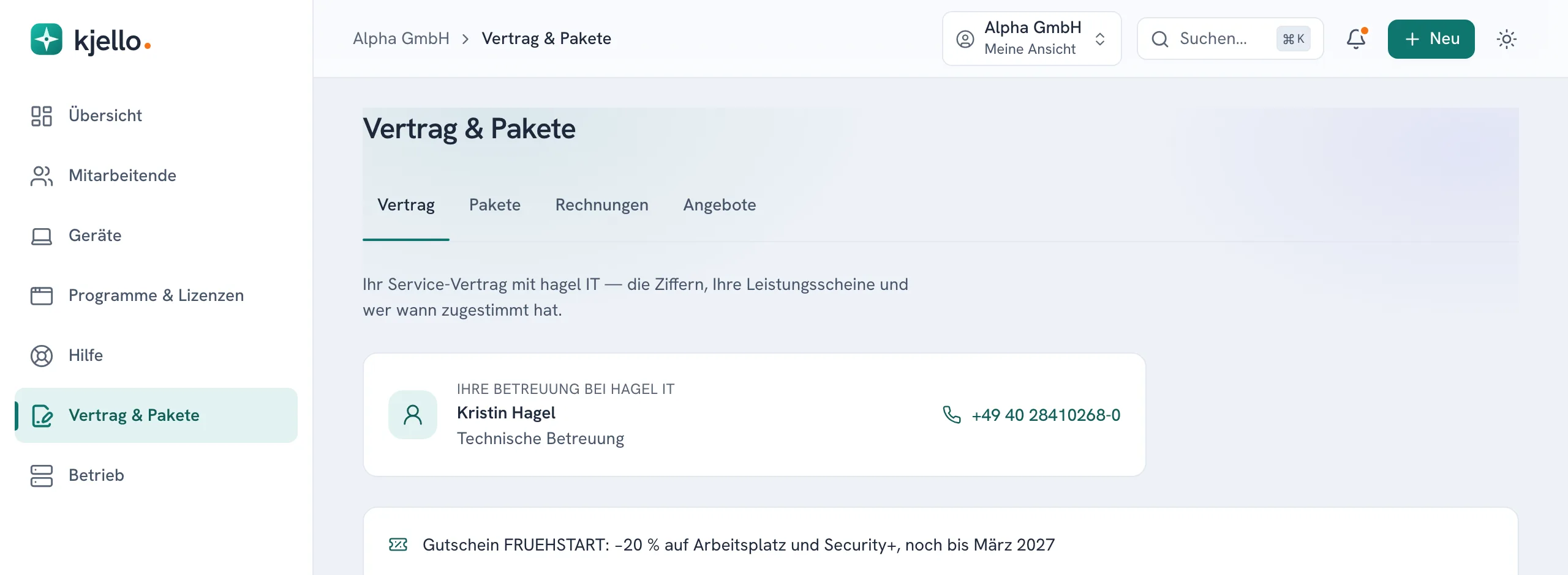 Vertrag & Pakete mit Vertragsstand, Zahlungsweg und Laufzeit